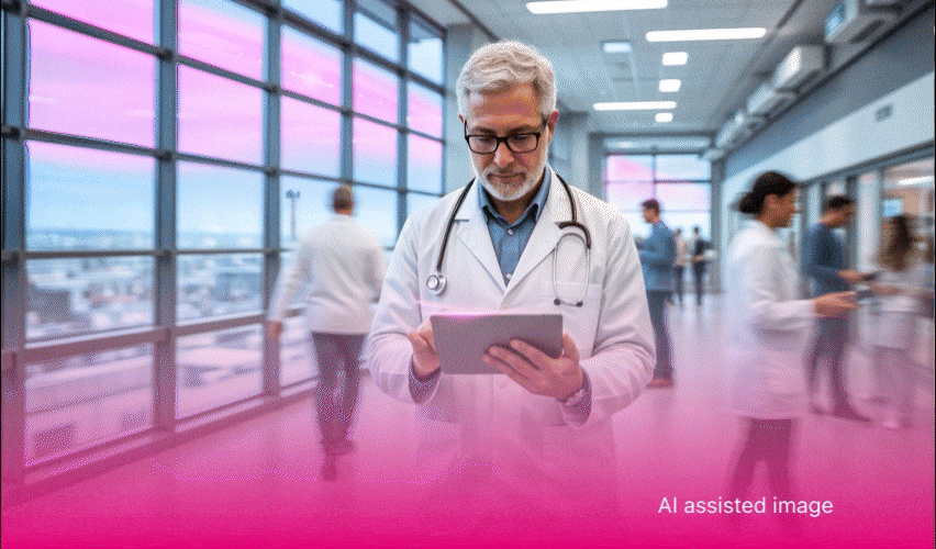 Several professionals work on 5G connected devices.