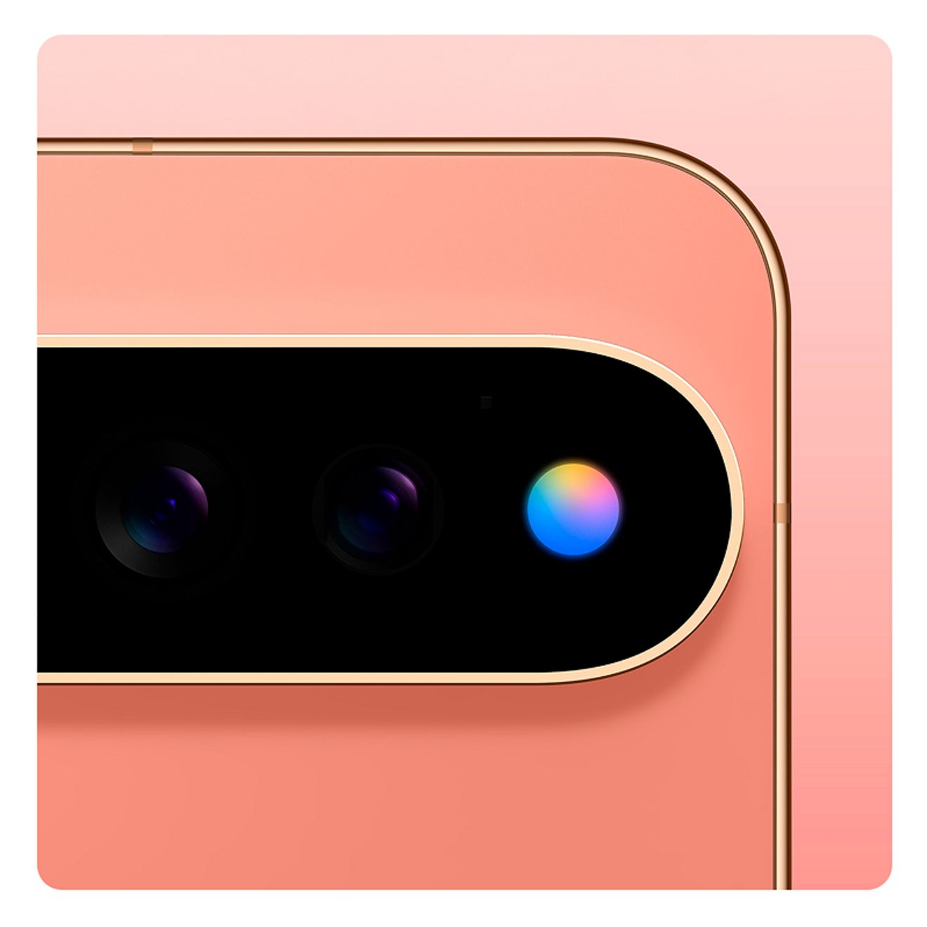 Close-up of Google Pixel 11 Pro XL phone camera in Aurora resting on a light rosy pink background 