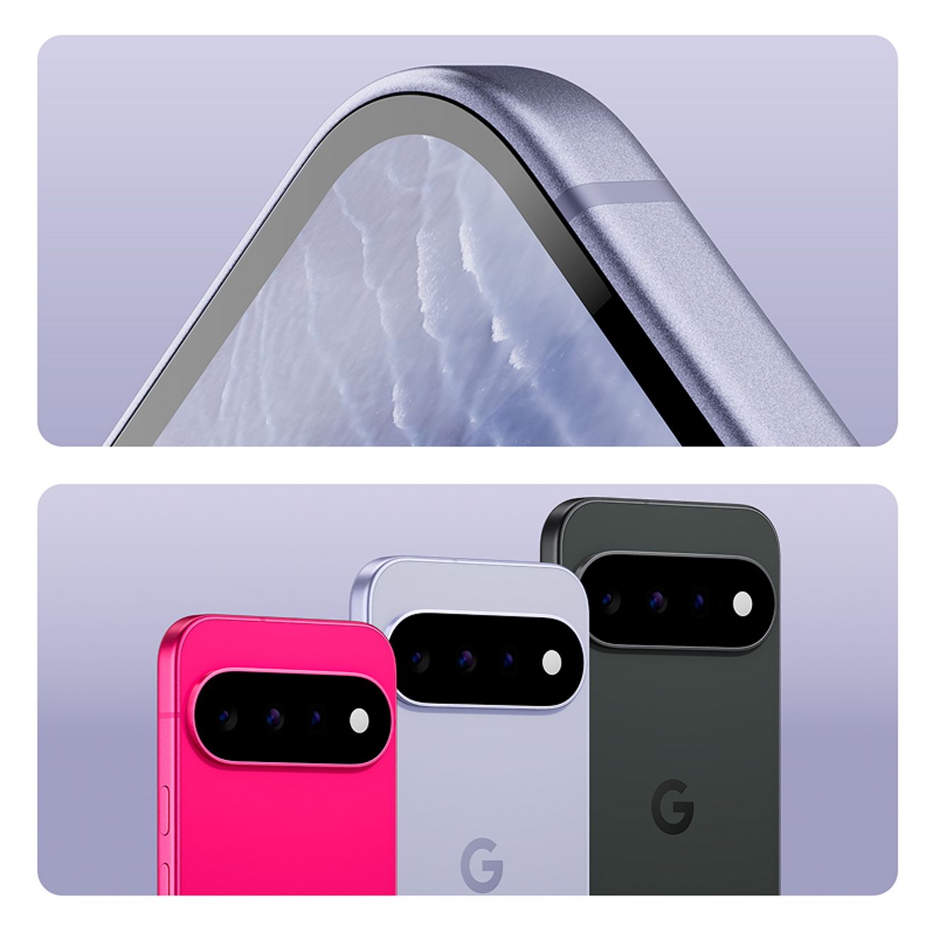 Google Pixel 11 phone close-up above the line-up of magenta, mauve, and black Pixel 11 phones.