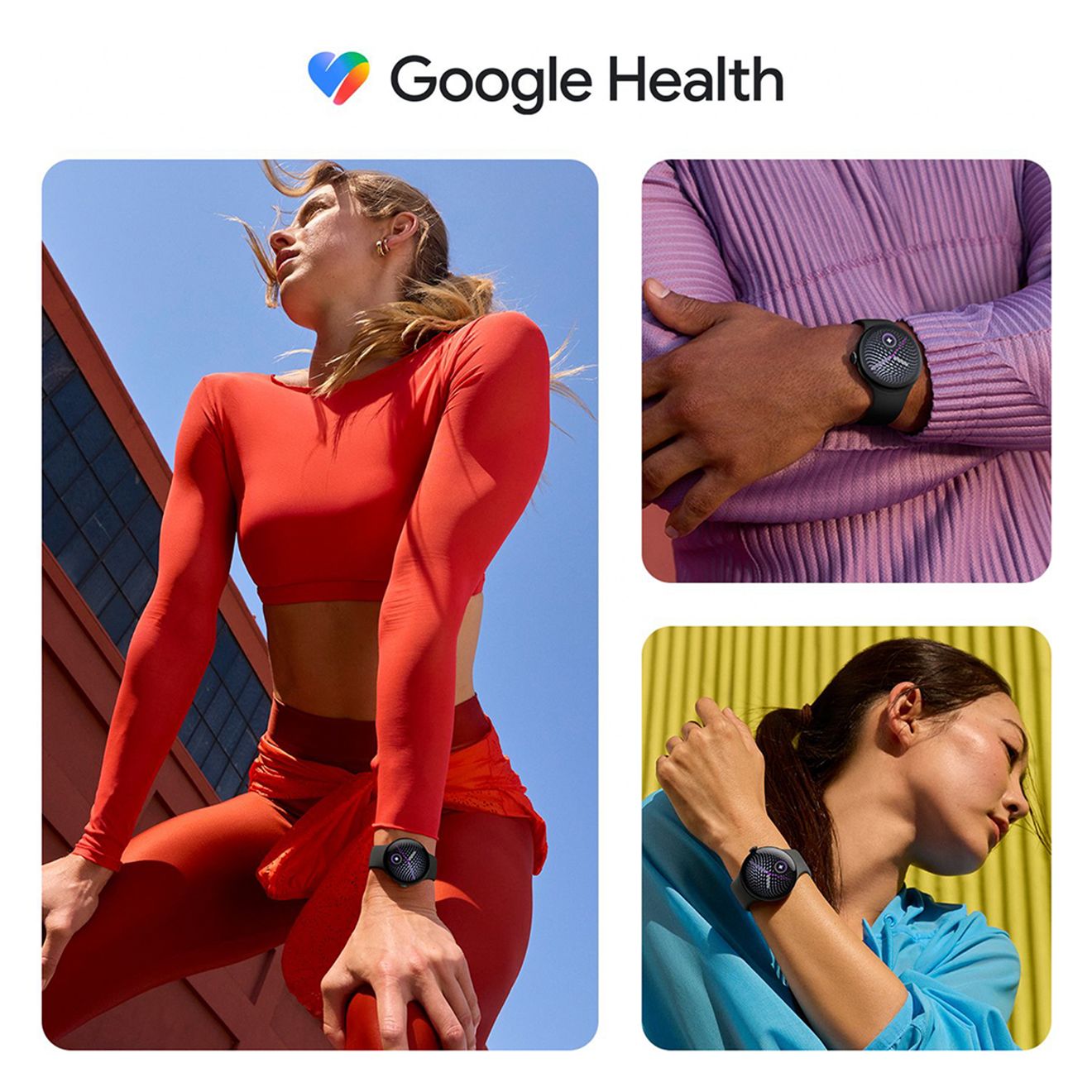 Snapshots of three individuals in separate outdoor locations wearing brightly colored athletic gear along with their Google Pixel Watch 5 (41mm) devices.