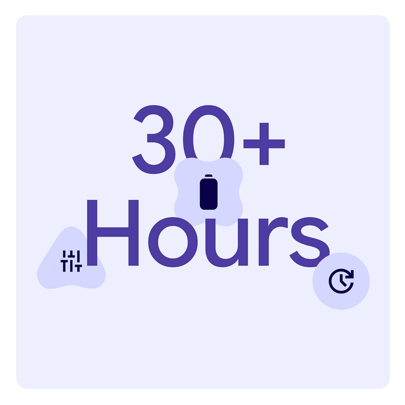 Text that reads “30+ Hours,” surrounded by a battery level icon, a filters icon and a timer icon.