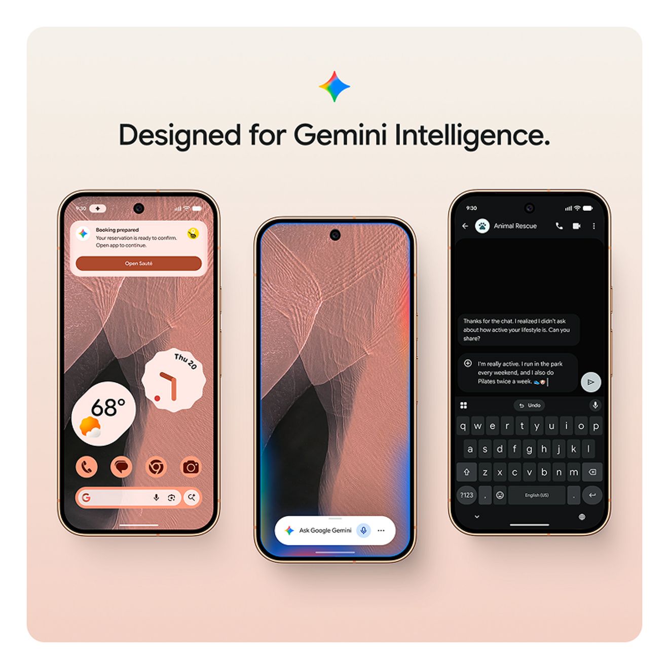 Google Pixel phone shown three times displaying various things Gemini Intelligence can help you with: making a reservation, displaying local weather, answering questions, and helping with chats 
