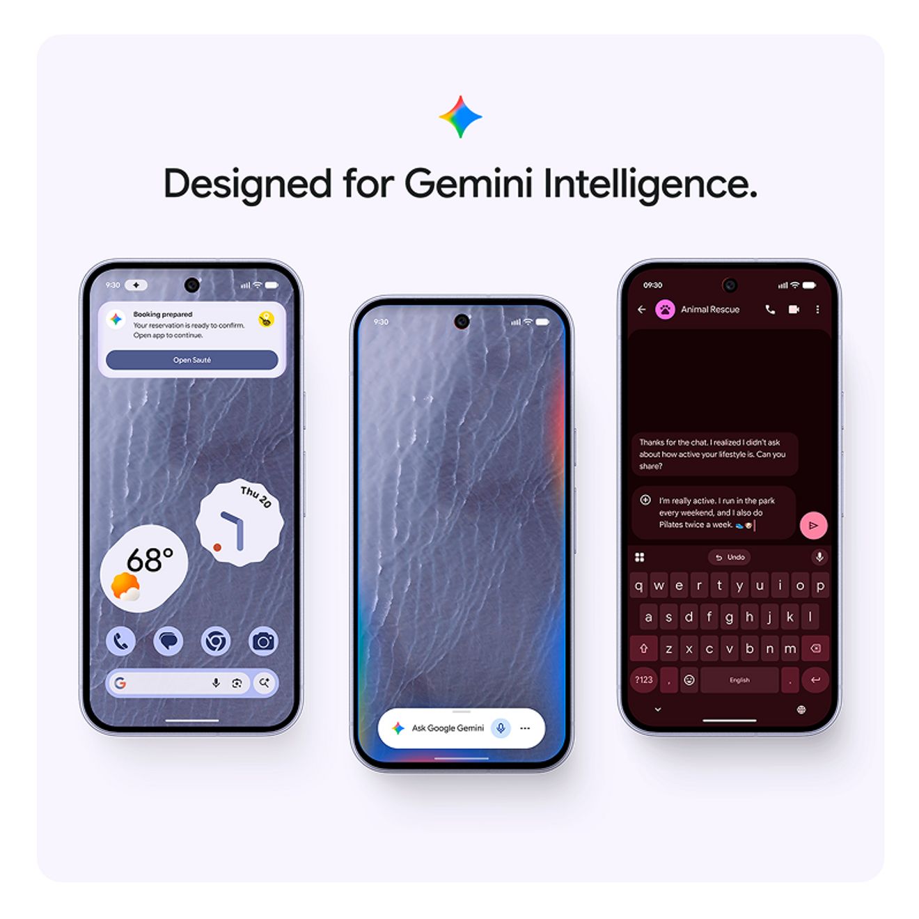Google Pixel Pro XL phone shown three times displaying various things Gemini Intelligence can help you with: making a reservation, displaying local weather, answering questions, and helping with chats