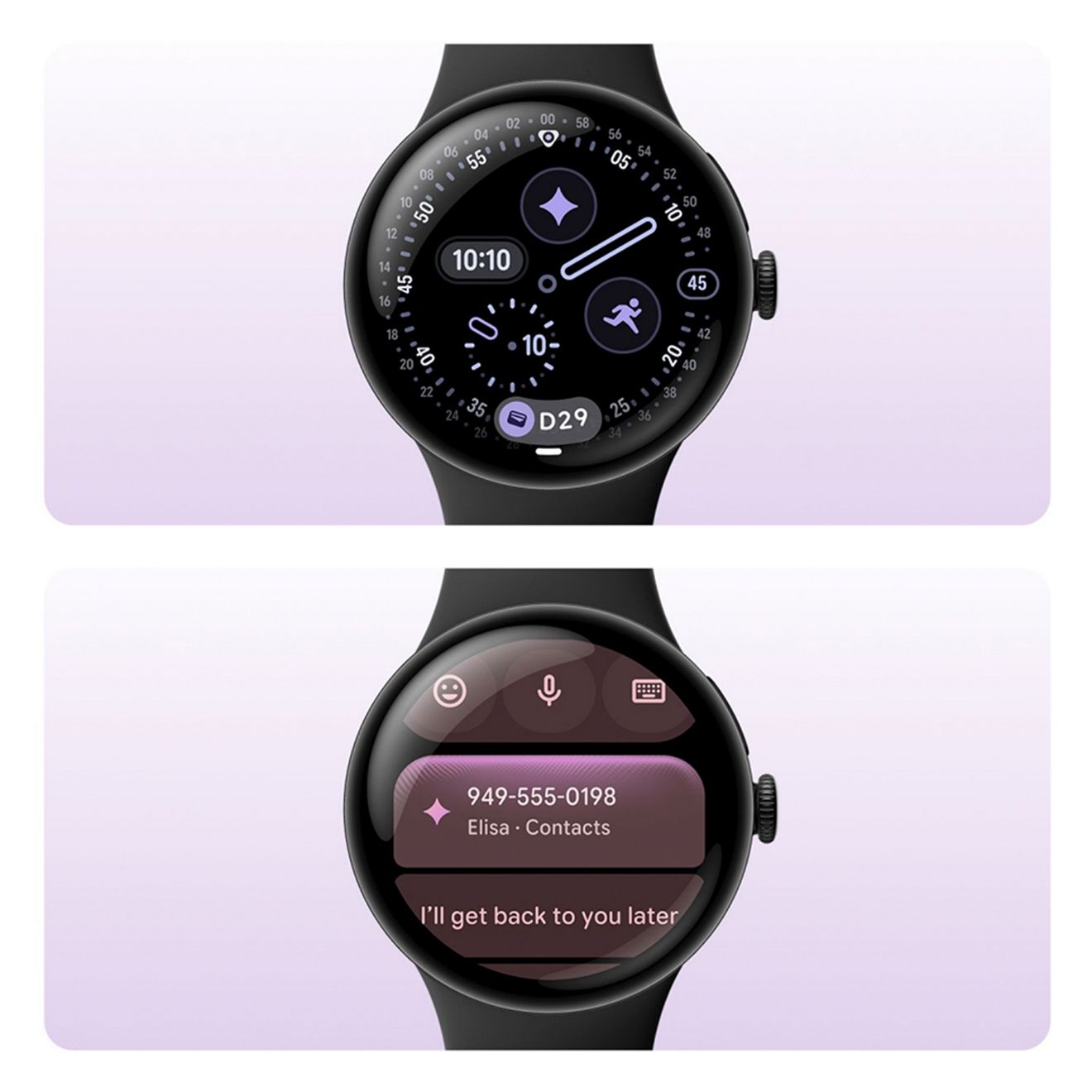 Two Google Pixel Watch 5 (41mm) devices with black bands. Their screens show time, weather, suggested text replies, and more.