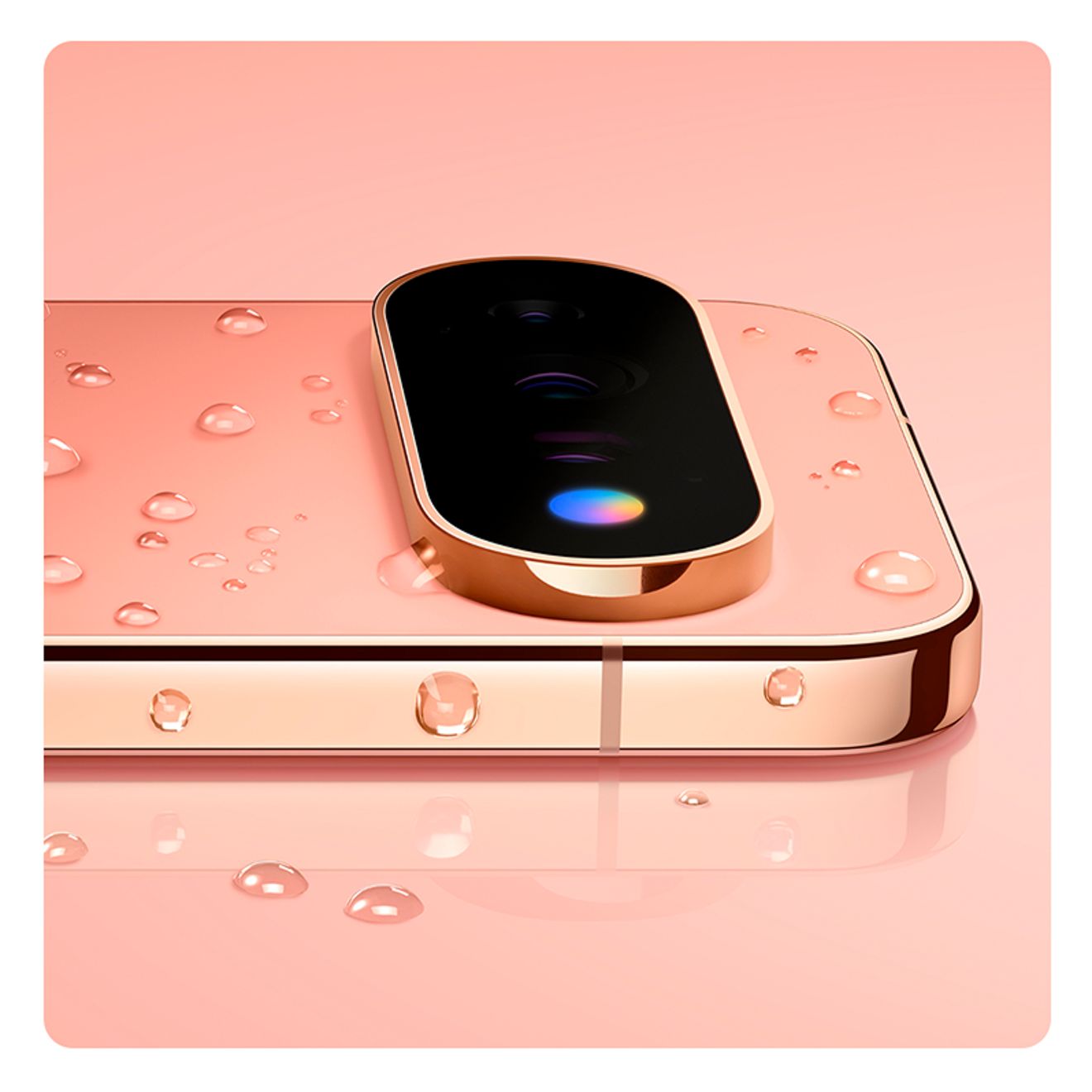 Close up of the back of Google Pixel 11 Pro XL in Aurora resting on a light rosy pink background. The phone and background are sprinkled with water droplets 