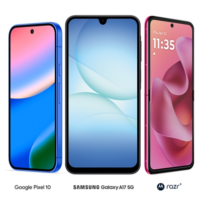 Three smartphones side by side—Google Pixel 10, Galaxy A17 5G, and a Motorola razr—showing off their different screen designs and colors against a clean white background.