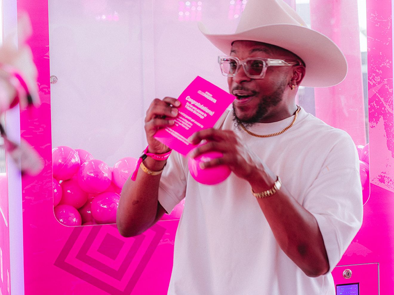 Man celebrates receiving new tickets. 