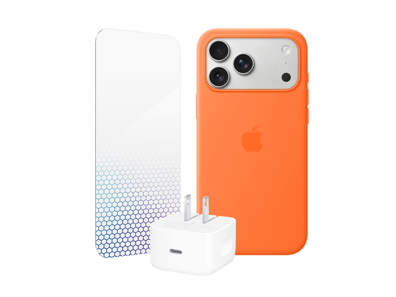 An iPhone in an orange case, a screen protector and Apple 40w charging device