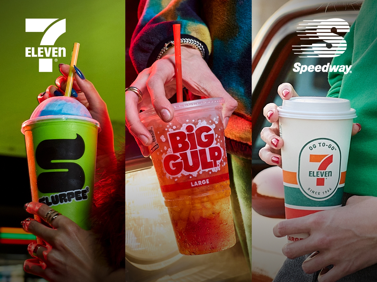 A large Slurpee drink, Big Gulp drink, & coffee from 7-Eleven.