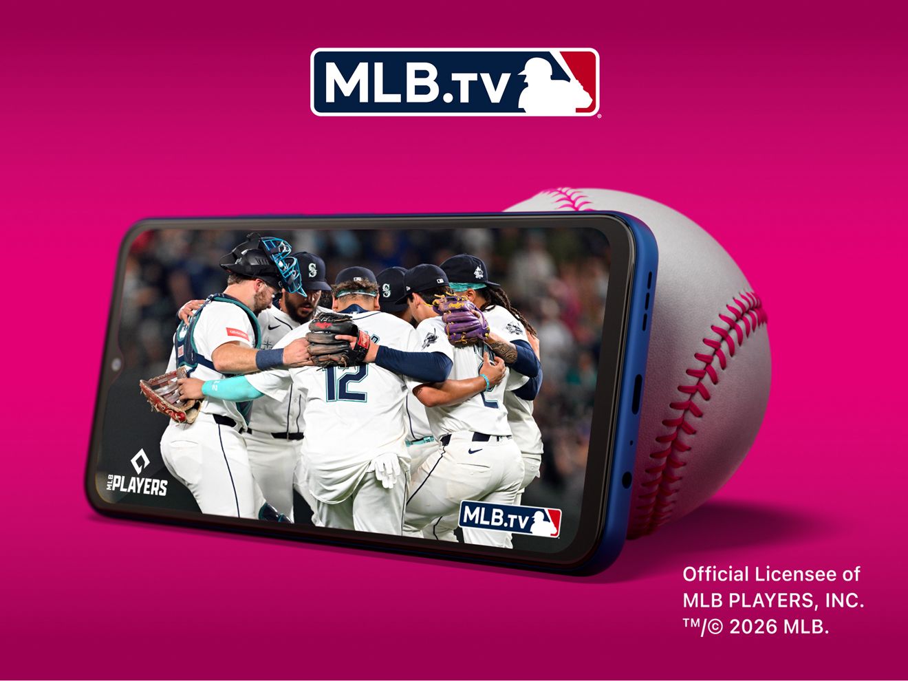  A smartphone showing a baseball team celebrating a win. The smartphone is propped up by a baseball. MLB LOGO is above the smartphone. Legal copy under the image states: Official licensee of MLB PLAYERS, INC. TM/ⓒ 2026 MLB.