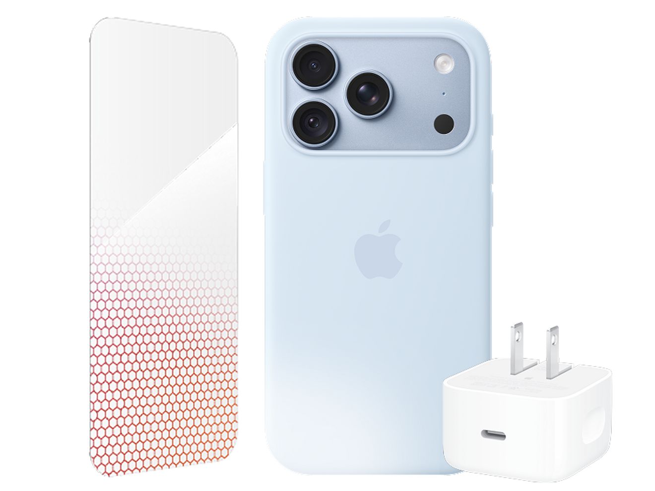 A Glacier blue iPhone 18 Pro in a Glacier blue case, flanked by a ZAGG screen protector, and an Apple 40W adapter