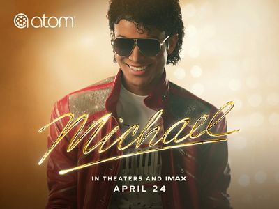 The movie poster for Michael featuring him wearing his trademark sunglasses and red leather jacket, see it in theaters and IMAX April 24.