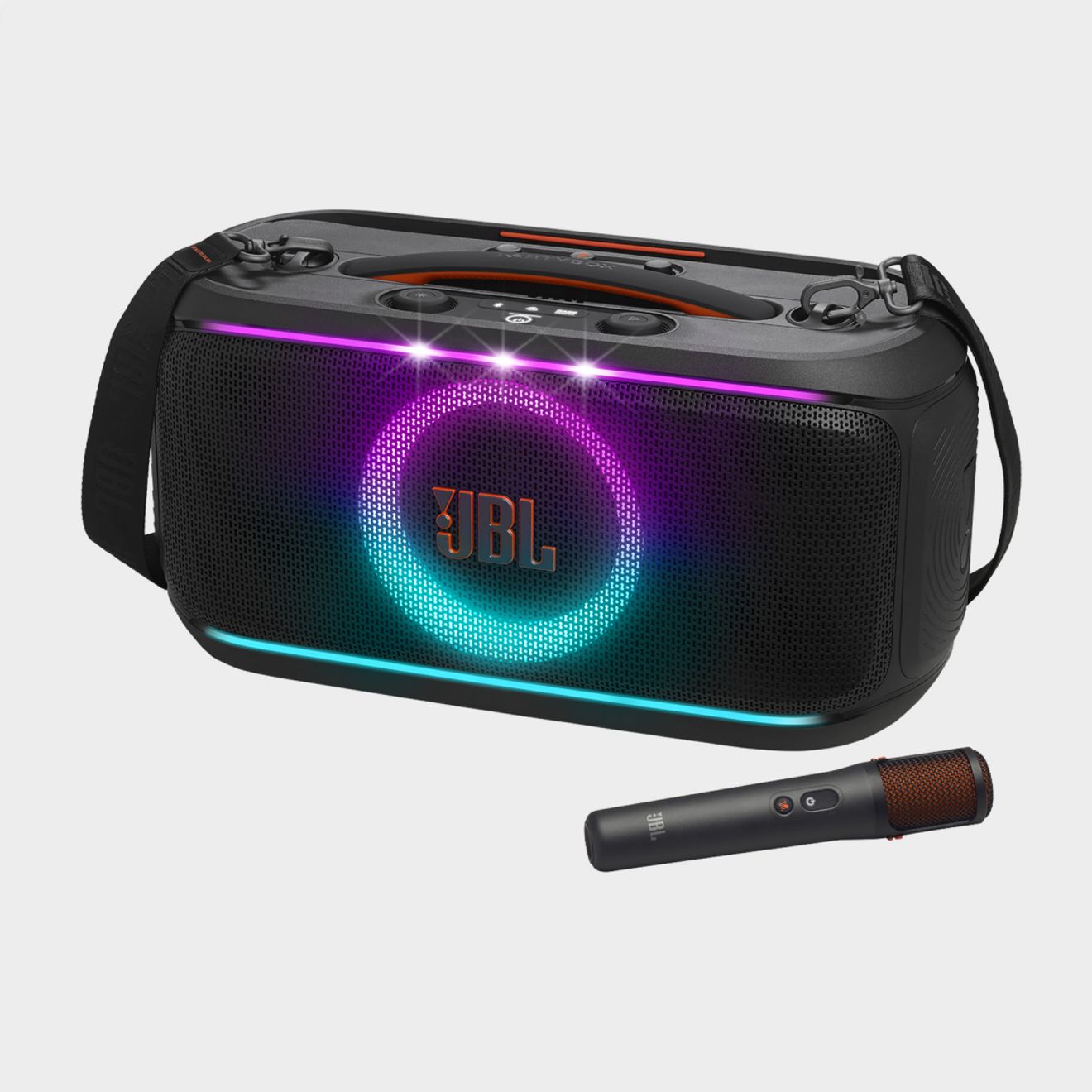 A close-up of the JBL PartyBox On-the-Go 2 on a light gray backdrop.