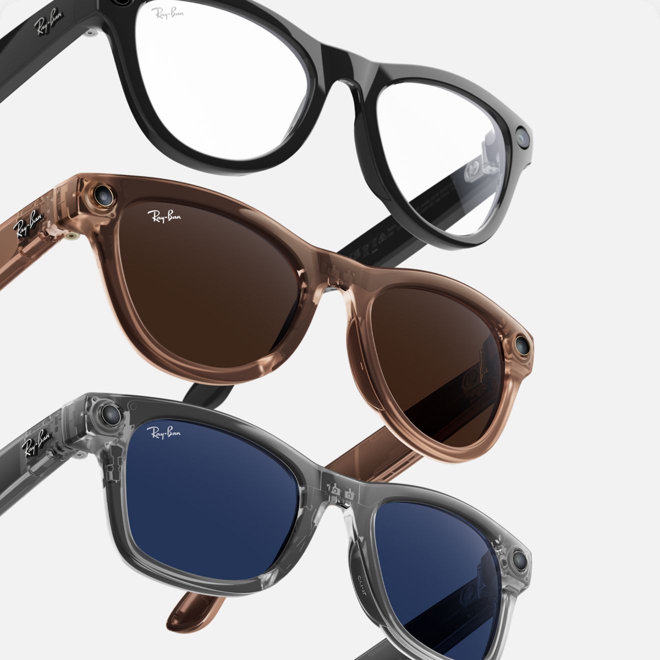 A group of three Ray-Ban Meta sunglasses are featured on a white backdrop. 