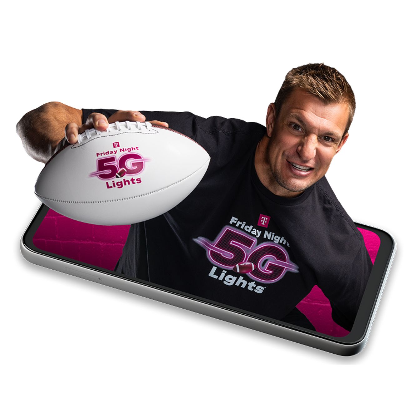 Gronk holding a football and rising out of a smartphone screen, simulating the augmented reality experience.