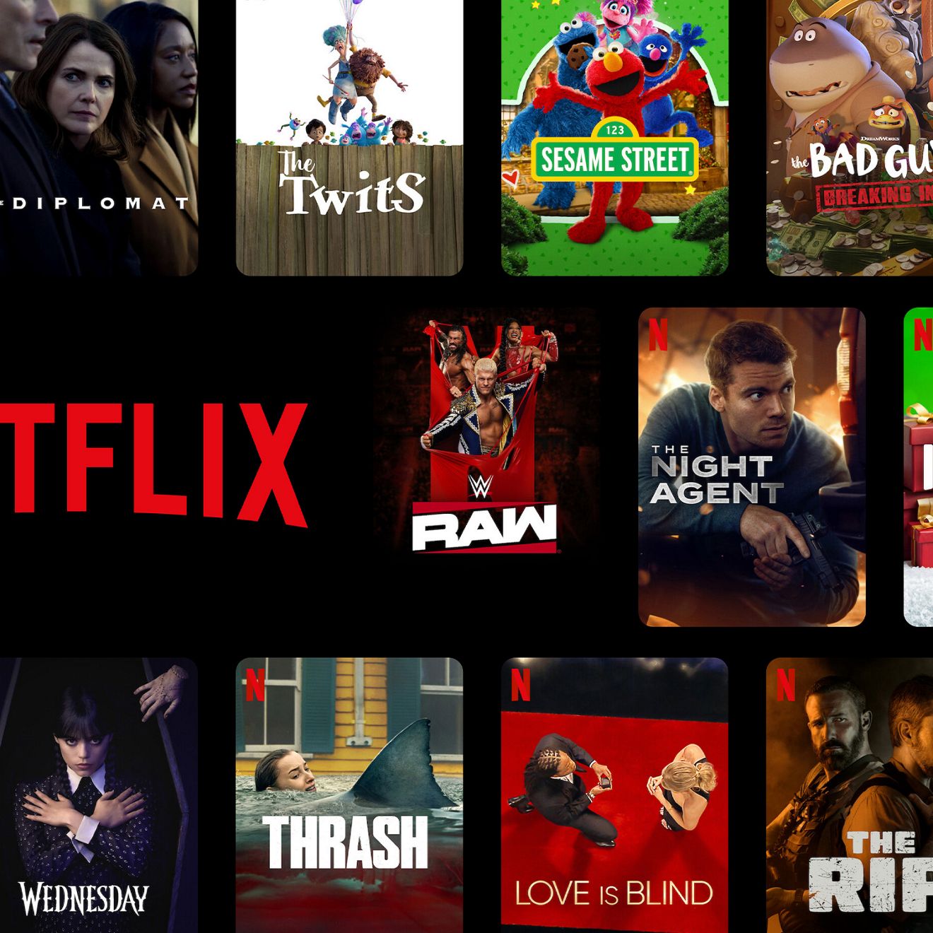 A collage of hit Netflix shows and movies, like Virgin River, One Piece, WWE Raw, and The Night Agent.
