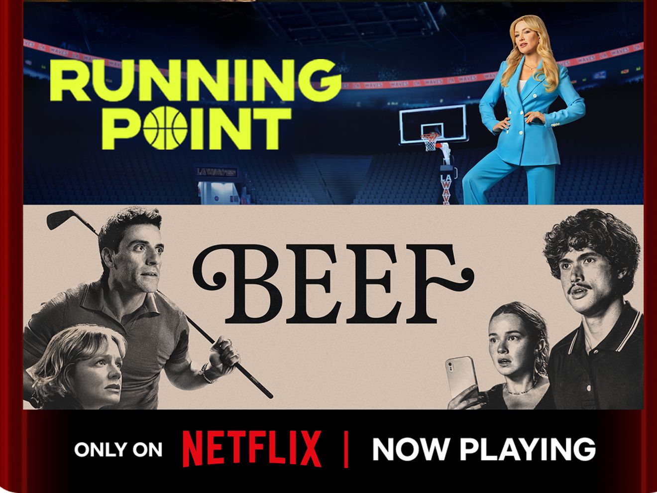 Promo artwork for Apex, Running Point, and Beef, now playing only on Netflix.