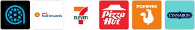 Atom Tickets, Shell Fuel Rewards, 7-11, Pizza Hut, Popeyes, and Cinnabon.