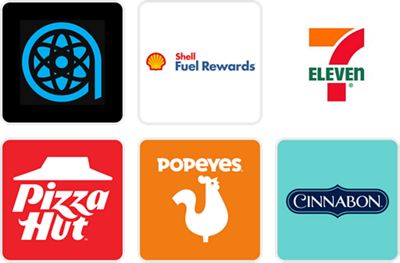 Atom Tickets, Shell Fuel Rewards, 7-11, Pizza Hut, Popeyes, and Cinnabon.