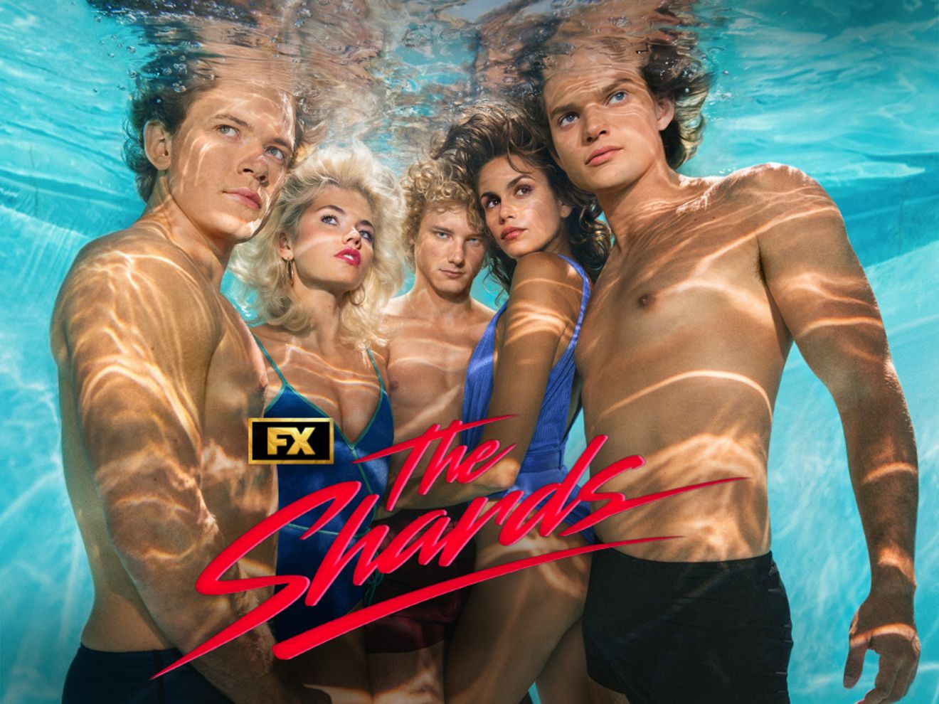 Promo poster for The Shards, four teenagers underwater in a swimming pool.  