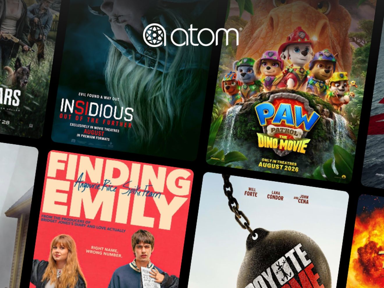 Atom Tickets promotional card featuring a collage of movie posters, including Insidious, PAW Patrol: The Dino Movie and Finding Emily