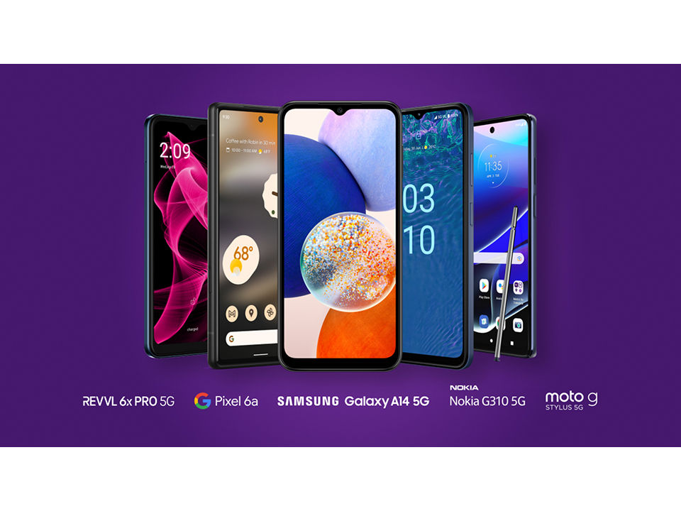 Five phones on purple background