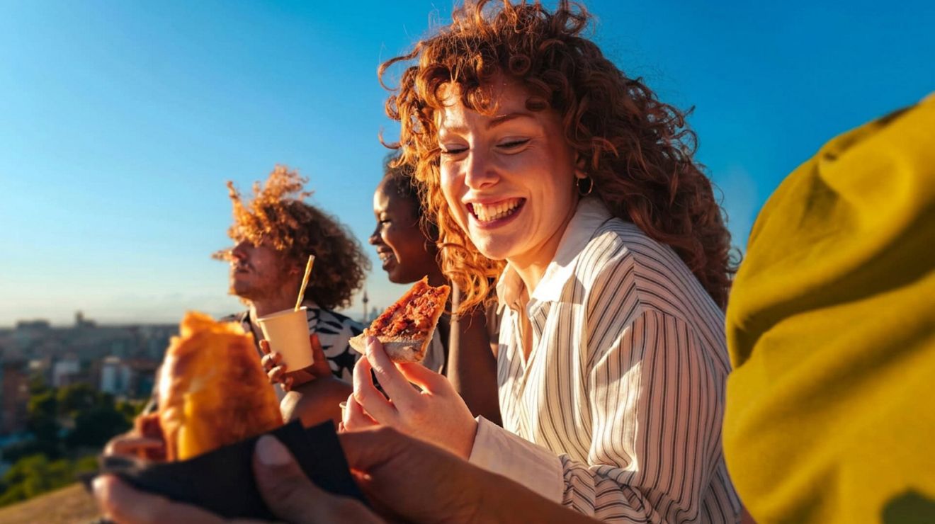 A smiling woman eating pizza with friends on a hillside overlooking the city.