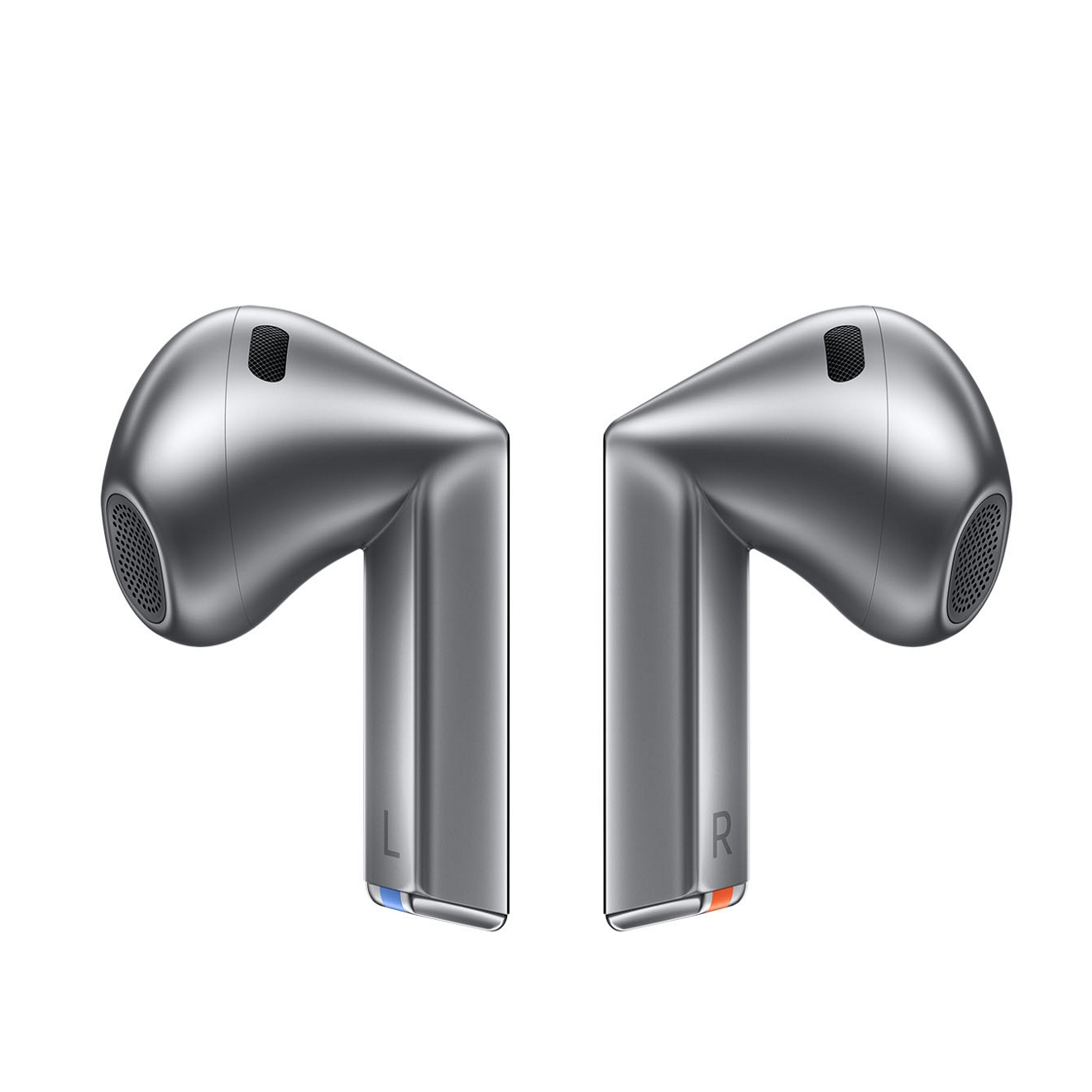 Two Galaxy Buds3 are shown with a blue light at the base of left and red light at the base of right.