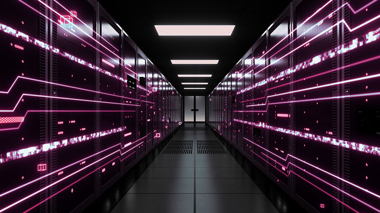 High-tech data center with magenta lights.