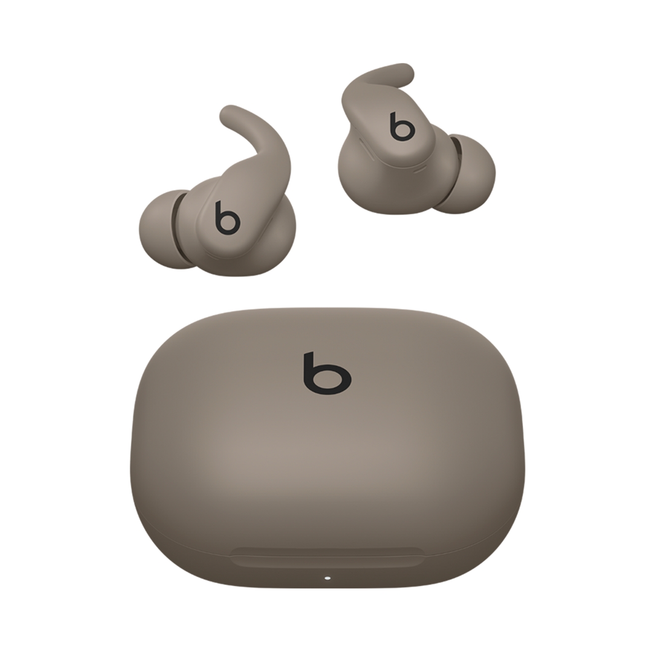 Beats brand Powerbeats Fit earbuds and case in gravel gray.