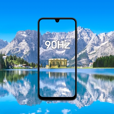 A Galaxy A17 5G with its screen framing a crystal‑clear lake and mountains, highlighting that smooth 90Hz display feel.