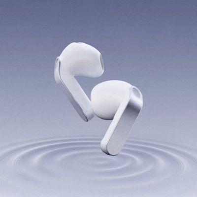 Sound circles emanate from Samsung Galaxy Buds four earbuds.