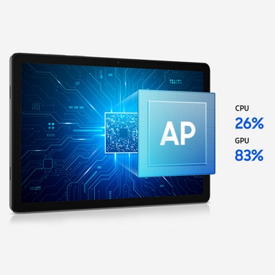 A Galaxy Tab A11+ 5G with a glowing blue tech graphic, featuring a floating AP chip popping forward.