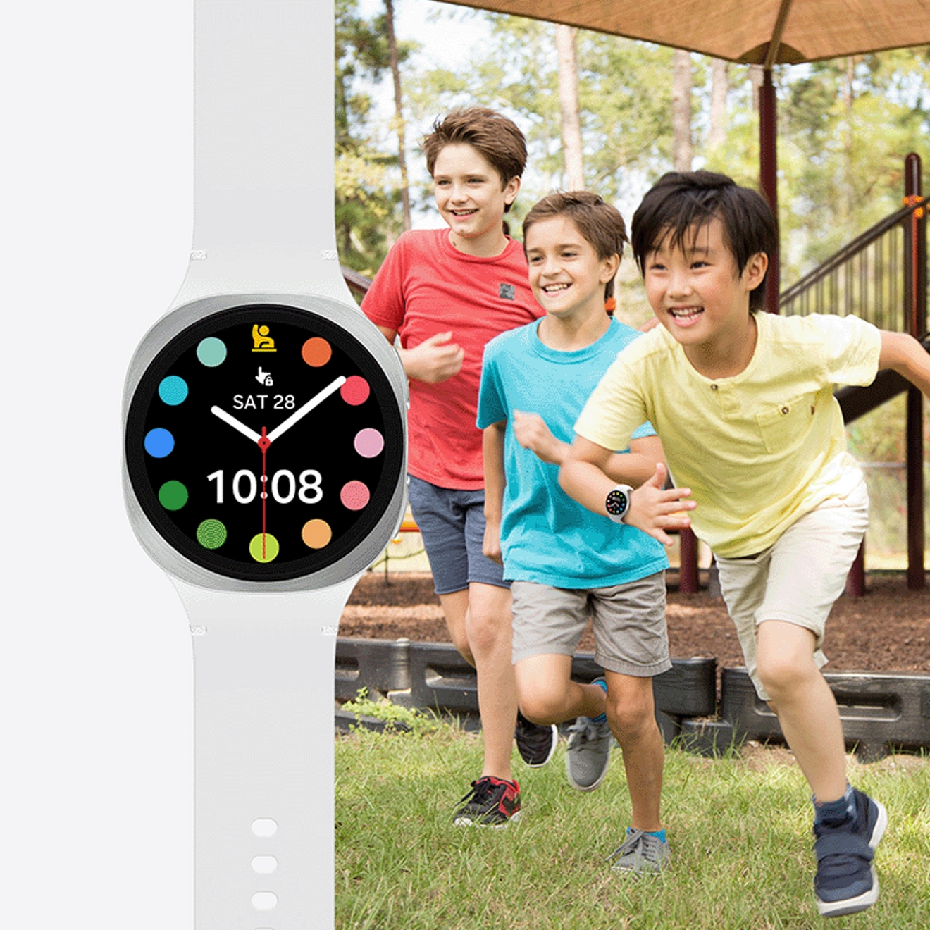 Showcasing the Galaxy Watch for kids, next to kids running on a backyard.