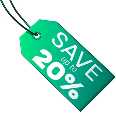 Green price tag with text ‘Save up to 20%’ on a bright magenta background.