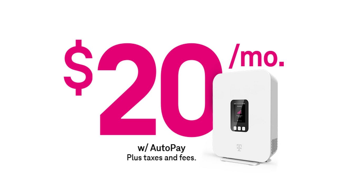 A T-Mobile 5G Gateway and the text "20 dollars a month with AutoPay, plus taxes and fees".