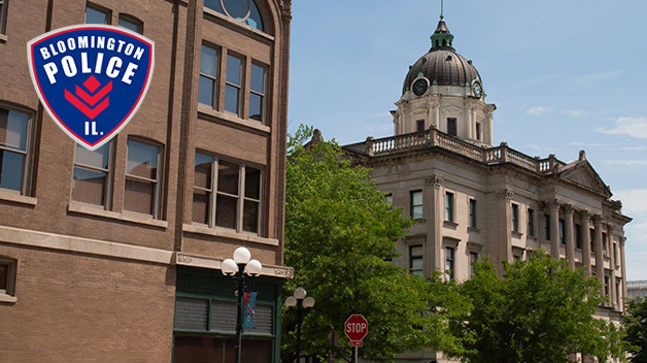 Downtown Bloomington and the Bloomington Illinois Police logo.