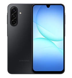 Two Samsung Galaxy A17 5G devices, shown front and back. 