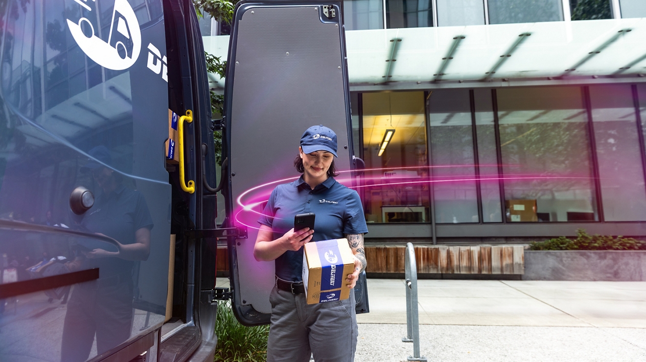 A delivery driver scans a package with a smartphone; sweeping magenta beams illustrate connectivity.