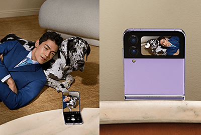 Guy with dog records themselves with the Samsung Galaxy Flip4