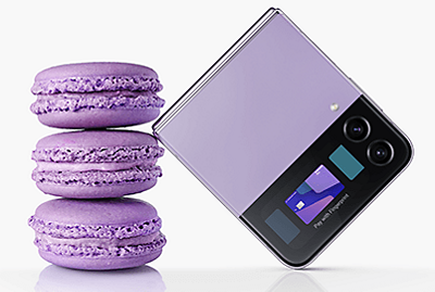 Samsung Galaxy Z Flip4 tilted on a stack of macaroons