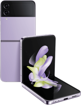 Two lilac foldable smartphones are set together against a white background. 