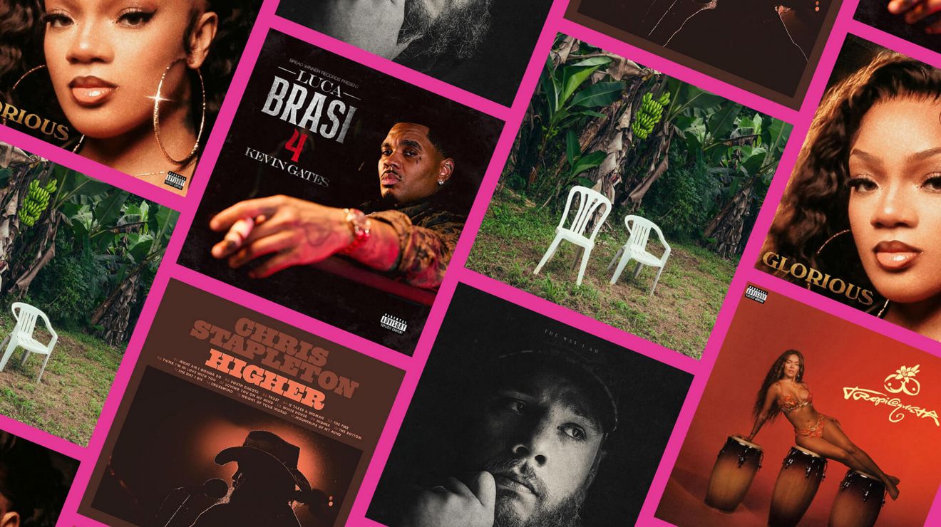 Graphic displaying a collage of music album covers featuring various artists.