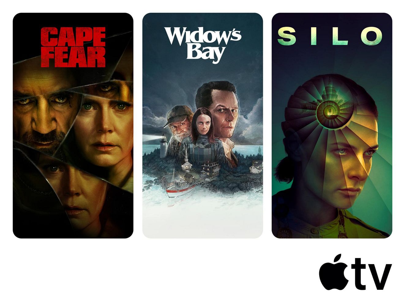 Apple TV promotional artwork for Cape Fear, Widow’s Bay, and Silo.