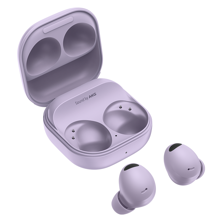 Two Galaxy Buds2 earbuds next to their case.