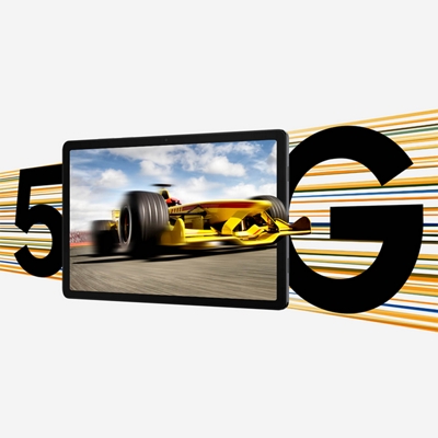 Galaxy Tab A11+ 5G with a racing car bursting out of the screen, giving off big fast and fluid vibes.