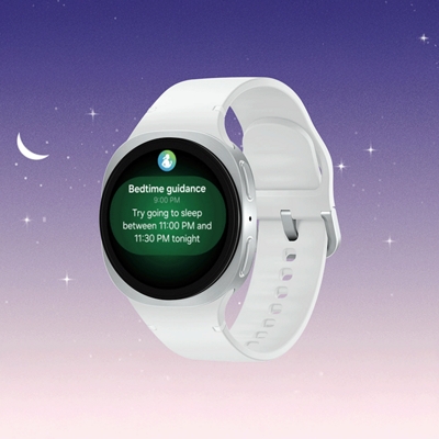 Galaxy Watch floating in the night sky surrounded by stars, with the bedtime guidance in the screen.