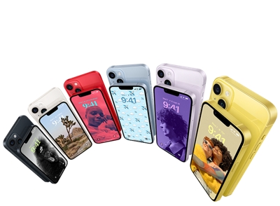 iPhone 14 Series family shot, including new yellow iPhone 14