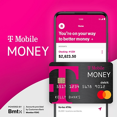 Black T-Mobile MONEY debit card with a large magenta T on it.