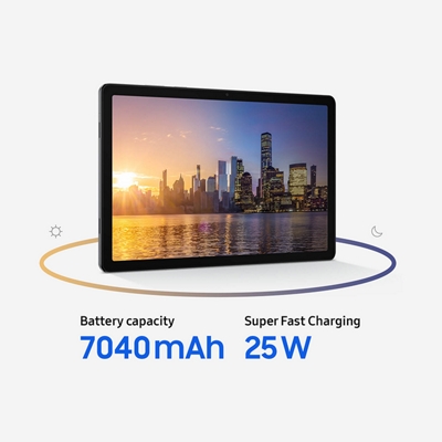 A Galaxy Tab A11+ 5G showing a bright city‑sunset scene, framed by a loop of icons hinting at its big battery and fast‑charging power.